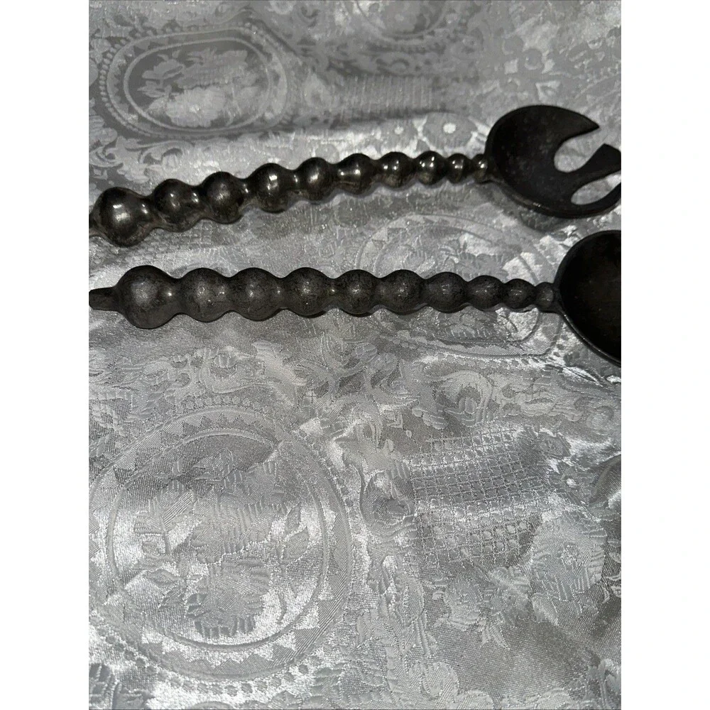 Pewter Metal Silver Tone Salad Servers Silverware Bubble Bead Curved Handles